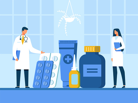 Doctor and Nurse Presenting New Drugs Illustration