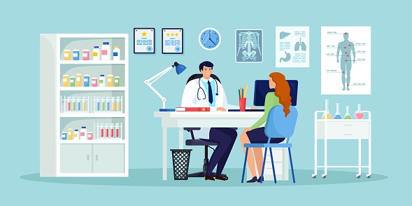 Doctor and patient at desk in hospital office. Clinic visit for exam, meeting with physician, conversation with medic about diagnosis results. Vector cartoon design