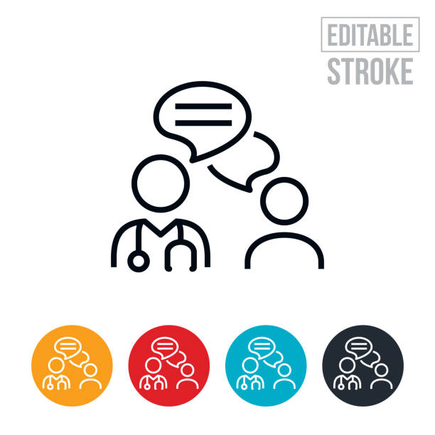 Doctor And Patient Online Chat Thin Line Icon - Editable Stroke An icon of a doctor using online chat to communicate with a patient. The icon includes editable strokes or outlines using the EPS vector file. physician stock illustrations