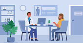Woman talking with man doctor in his office. Patient having consultation with doctor therapist in hospital. Male and female medical people characters. Flat cartoon vector illustration.