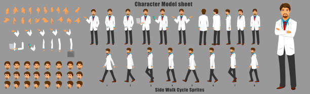 Doctor Character Turnaround Doctor Character Model sheet with Walk cycle Animation Sequence doctor borders stock illustrations