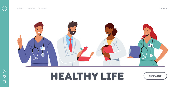 Doctor Characters in Medical Robe in Row Landing Page Template. Hospital Healthcare Staff with Medic Stuff, Physician in Uniform, Nurse, Clinic Medicine Profession. Cartoon People Vector Illustration