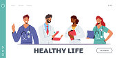 istock Doctor Characters in Medical Robe in Row Landing Page Template. Hospital Healthcare Staff with Medic Stuff, Physicians 1303393011