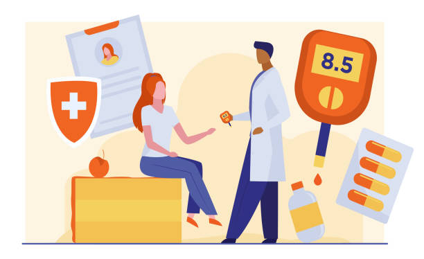 ilustrações de stock, clip art, desenhos animados e ícones de doctor checking woman blood sugar level - diabetes