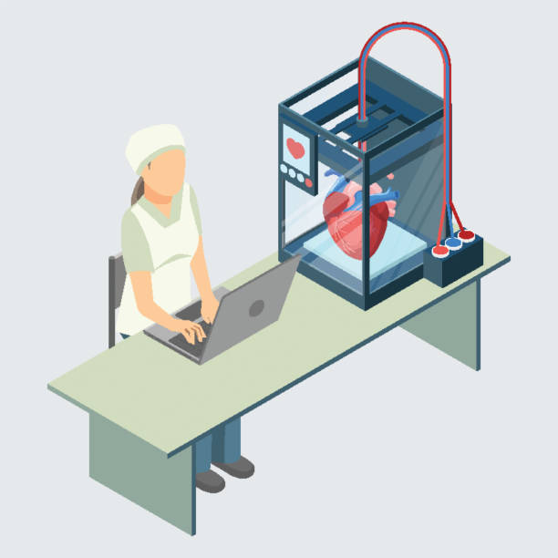 illustrations, cliparts, dessins animés et icônes de médecin, créant un coeur humain artificiel sur l’imprimante 3d en laboratoire - ouvrier coeur