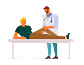 Doctor examining patient injured leg on white background