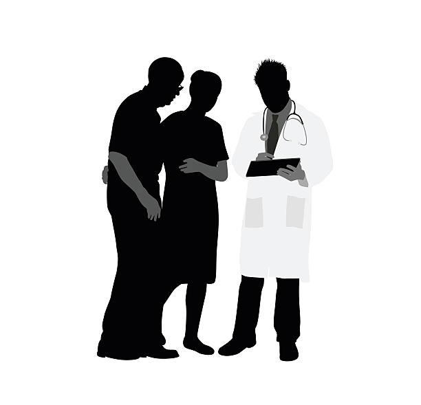 Doctor Explaining Medical Condition A vector silhouette illustration of a young doctor discussing medical results with an elderly couple. doctor silhouettes stock illustrations