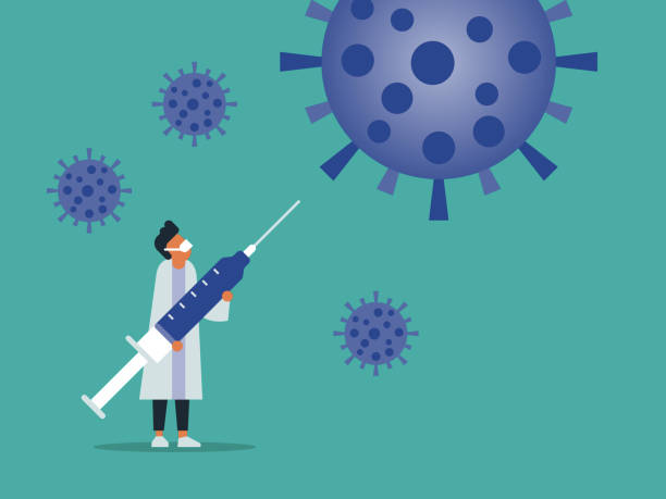 stockillustraties, clipart, cartoons en iconen met arts die reusachtige coronaviruscellenvectorillustratie afvecht - vaccinatie