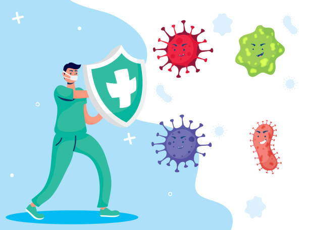 arzt bekämpft virus mit schild-comic-figuren - coronavirus mutation stock-grafiken, -clipart, -cartoons und -symbole