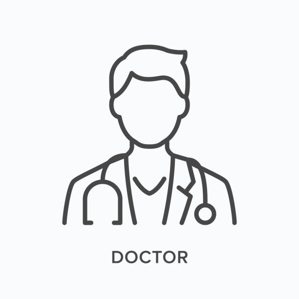 Doctor flat line icon. Vector outline illustration of male physician in coat with stethoscope. Medic specialist avatar, thin linear medical pictogram Doctor flat line icon. Vector outline illustration of male physician in coat with stethoscope. Medic specialist avatar, thin linear medical pictogram. doctor icons stock illustrations