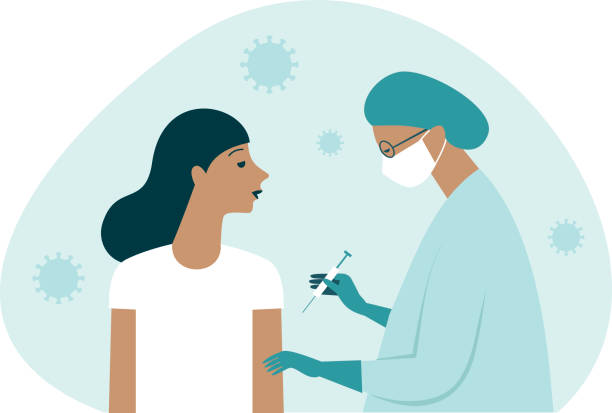 Doctor in protective suit inject vaccine shot to patient. Iimmunity stimulation to minimize risk of coronavirus infection. Covid-19 vaccination concept. Doctor in protective suit inject vaccine shot to patient. Immunity stimulation to minimize risk of coronavirus infection. Covid-19 vaccination concept. Flat vector illustration. covid vaccine stock illustrations