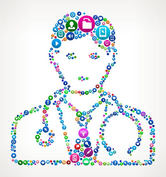 Doctor Internet Communication Technology Icon Pattern Doctor Internet Communication Technology Icon Pattern. The main object is completely filled by round buttons with technology and internet communication icons. the buttons vary in size and color and have a slight gradient glow on them. The background of this 100% royalty free vector illustration is light. The round buttons form a seamless pattern and are visually engaging. The icons include popular technology visuals such as computer equipment, internet communication email and messaging icons and many more. nurse talking to camera stock illustrations
