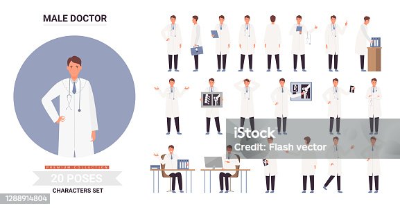 istock Doctor male character poses set, working posture in hospital 1288914804