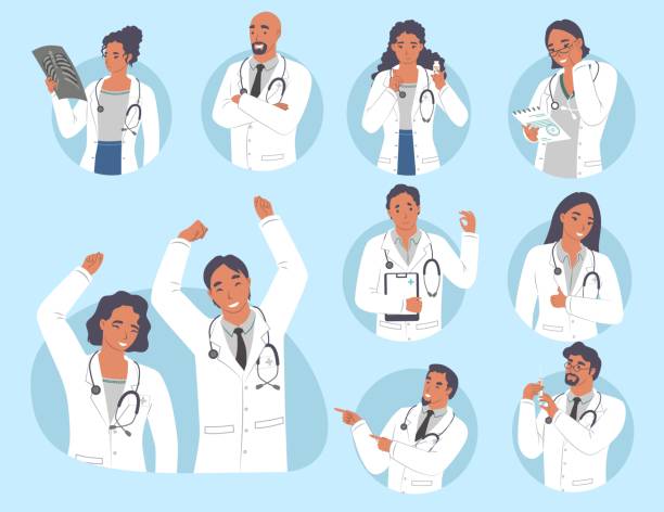 Doctor, medical professionals male and female character set. People showing different hand gestures, vector illustration vector art illustration