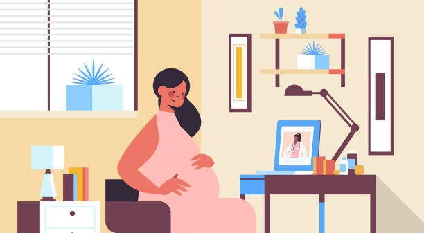 醫生在筆記型電腦螢幕上諮詢孕婦在線婦科諮詢醫療保健服務醫療。 - 遠距醫療 插圖 幅插畫檔、美工圖案、卡通及圖標