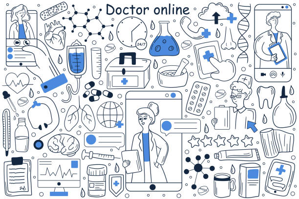 Doctor online doodle set Doctor online doodle set. Collection of hand drawn templates patterns of man patient using mobile phone for chatting witch doctor on social media or network. Digital medical consultation illustration. nurse talking to camera stock illustrations