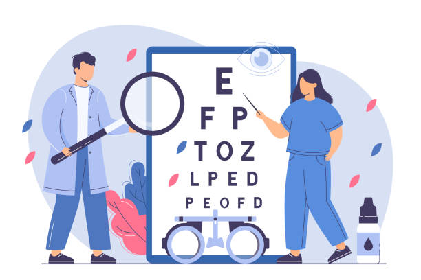 ilustraciones, imágenes clip art, dibujos animados e iconos de stock de el médico oftalmólogo revisa la vista con una tabla de prueba ocular y anteojos - eye doctor