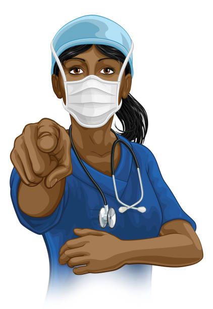 arzt oder krankenschwester frau in scrubs uniform pointing - zeigen frau stock-grafiken, -clipart, -cartoons und -symbole