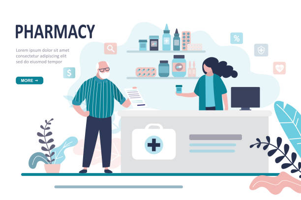 ilustrações de stock, clip art, desenhos animados e ícones de doctor pharmacist and old man patient in drugstore. elderly male client buying medication in pharmacy. healthcare and shopping concept. - pharmacy