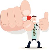 Vector illustration - Doctor pinching a pill and gesturing thumbs up.