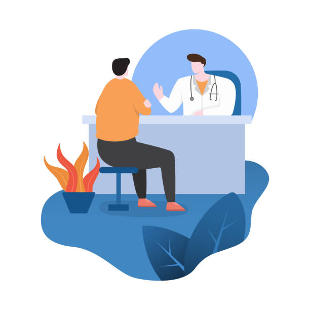 doctor provide consulting service to patient at work desk flat design illustration - doctor and patient stock illustrations