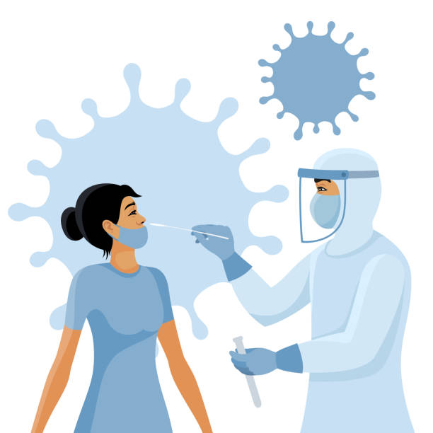가능한 코로나바이러스 감염에 환자를 검사하는 의사 - 비강 면봉 stock illustrations