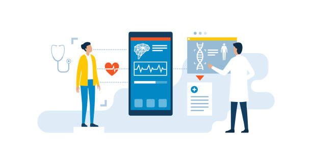 ilustrações de stock, clip art, desenhos animados e ícones de doctor using medical apps to examine a patient - médico a examinar paciente