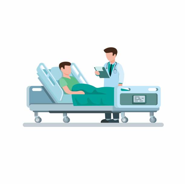 Doctor visiting patient and explains the diagnosis of the disease in cartoon flat illustration vector isolated in white background Doctor visiting patient and explains the diagnosis of the disease in cartoon flat illustration vector isolated in white background hospital cartoon stock illustrations