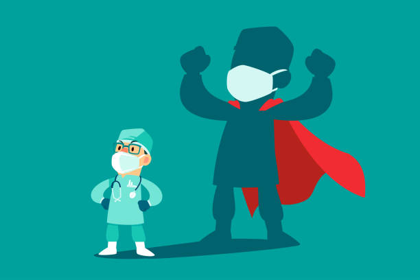 stockillustraties, clipart, cartoons en iconen met arts die medisch masker met zijn schaduw als superhero draagt - hero