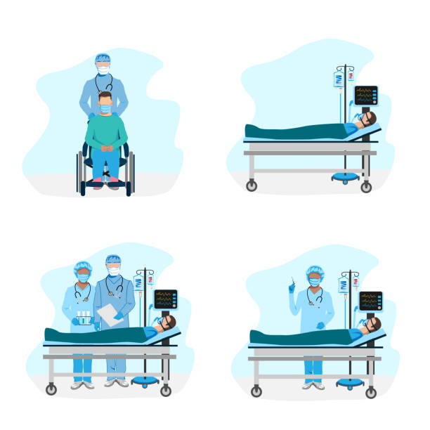 doctor with a patient in intensive care A doctor with a patient in intensive care. The patient is connected to an artificial respiration apparatus. Set of vector illustrations. patient in hospital bed stock illustrations
