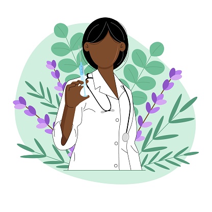 Doctor with a syringe. Female doctor of African American nationality. Homeopathy. Folk medicine. Vector.