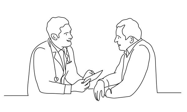 Doctor with male patient Line drawing vector illustration of doctor with male patient. doctor and patient stock illustrations