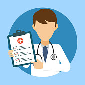 Doctor with stethoscope and medical test. Medic icon in flat style. Health care services concept. Banner with online doctor diagnosis. Medical examination. Vector illustration.