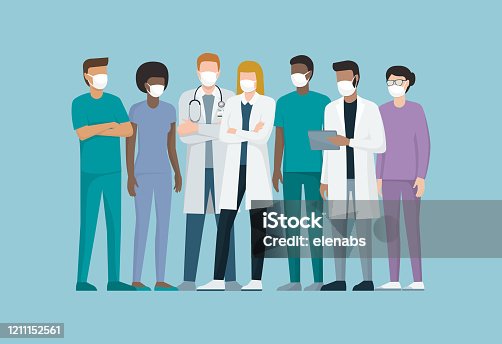 istock Doctors and medical staff wearing surgical masks 1211152561