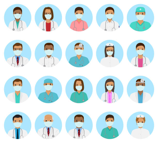 Doctors and nurses characters avatars set. Medical people icons of faces with mask. Flat style vector illustration. Doctors and nurses characters avatars set. Medical people icons of faces with mask on a blue background. Flat style vector illustration. nurse face stock illustrations