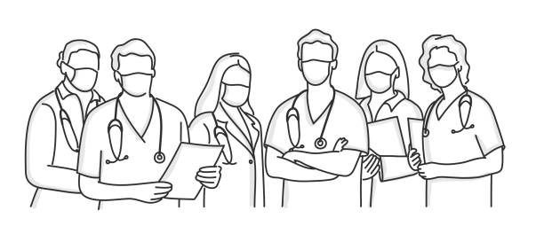 Doctors and nurses with protection masks. Hand drawn vector illustration of doctors and nurses with protection masks. nurse drawings stock illustrations