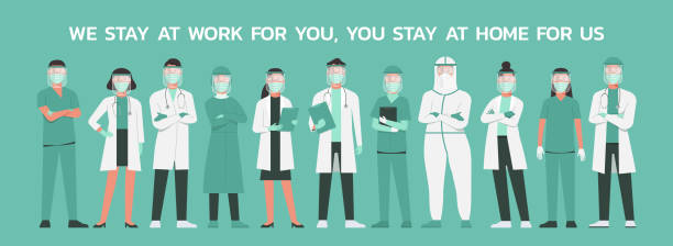 stockillustraties, clipart, cartoons en iconen met artsen en verpleegkundigen met slogan "we blijven op het werk voor u, u thuis blijven voor ons" - laboratoriumjas