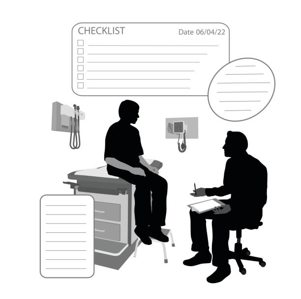 Doctors Diagnosis Silhouette illustration of a doctor and his patient with bubbles for note taking pain silhouettes stock illustrations