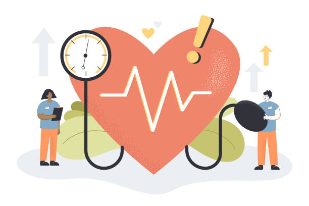 ilustrações, clipart, desenhos animados e ícones de médicos medindo pressão arterial no check-up médico - hipertensão