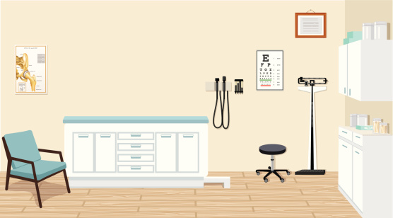 Doctor's Office with Medical Equipment and Cabinets Illustration
