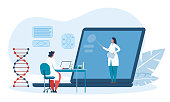 Doctors studying online, scientist student learning remotely. Vector doctor online, study scientist and education illustration