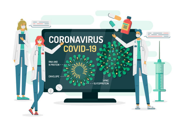 stockillustraties, clipart, cartoons en iconen met artsen vertellen over coronavirus structuur op tv - needle spiking