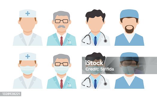 istock Doctors vector icon. Disinfection. Face masks, medical workers. Virus protection. Healthcare 1328928221