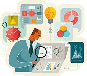 Flat vector illustration is showing a businessman while working on document analysis. Illustration is nicely layered and easy for editing.