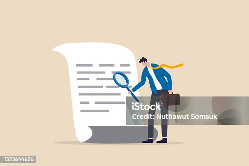 istock Document checking, agreement or contract validation, financial or budget analysis, search for document files concept, businessman manager holding big magnifying glass checking document paper. 1323644656