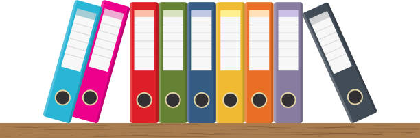 Document Storage Shelves Document Storage Shelves with set of colored ring binders on white background. Office folders. Vector illustration in flat style file folder illustrations stock illustrations