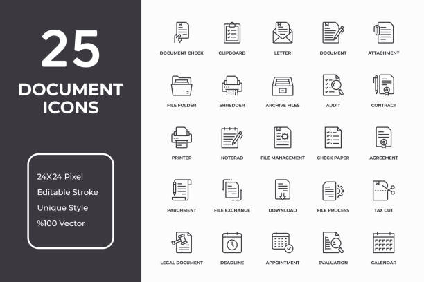 Documents And Paperwork Thin Line Icon Set vector art illustration