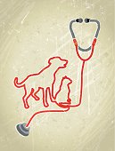 A stylized vector cartoon of a stethoscope with it's lead forming the shape of a cat and dog, reminiscent of an old screen print poster and suggesting Healthcare, Animal Welfare, diagnosis, health, costs, Veterinary costs, pet insurance, insurance, protection or Veterinarian. Stethoscope, animals, paper texture and background are on different layers for easy editing. 