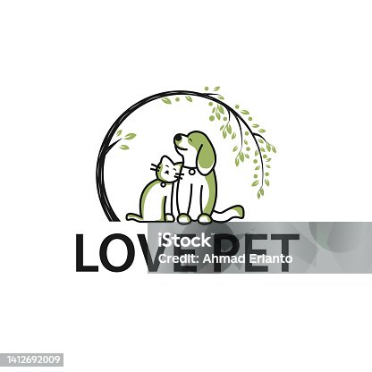 istock Dog And Cat Pet Logo With Green Tree Vector Template Design 1412692009
