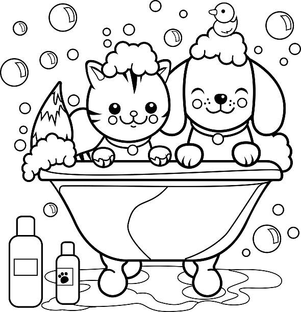 Dog and cat taking a bath coloring page. A dog and a cat in a tub taking a bubble bath. Black and white coloring page illustration cute cat coloring pages stock illustrations